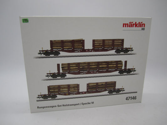 Märklin H0 - 47146 - 3-delige set van 4-assige rongenwagen, met houtlading van de DB