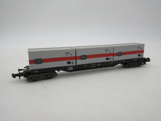 Minitrix N - 51 3511 00 - 4-assige containerwagen, met 3 containers beladen van de DB
