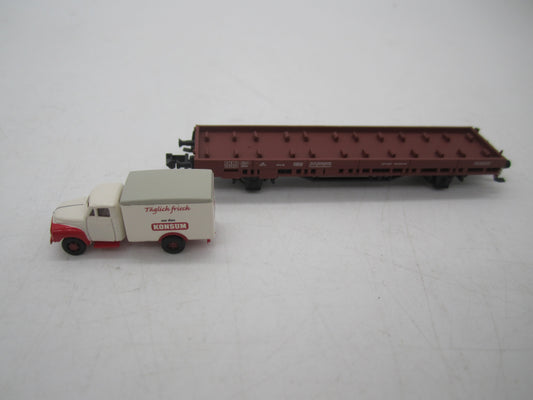 Hobbytrain N - H23818 - Platte wagen met truck van de DB