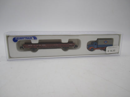 Hobbytrain N - H23817 - Platte wagen met truck van de DB